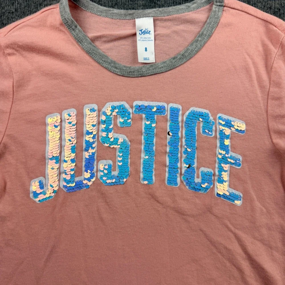 Justice Girls Size 8 Pink Flip Sequin Short‎ Sleeve Ringer Tee Shirt